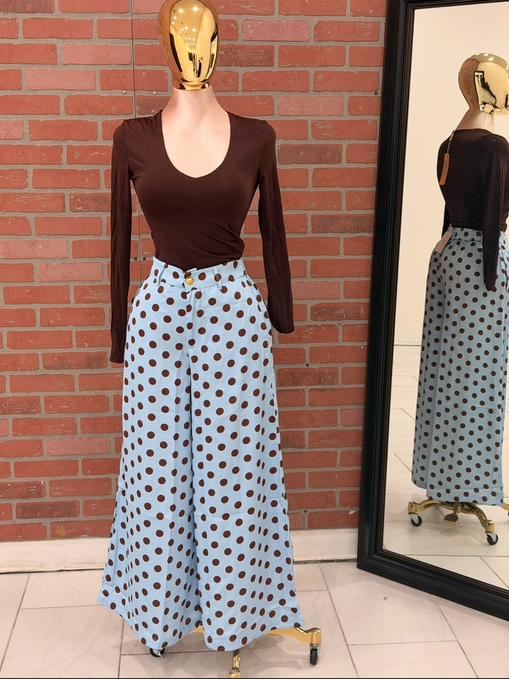 Polka Dot Wide-Leg Pants - Blue with Brown Dots